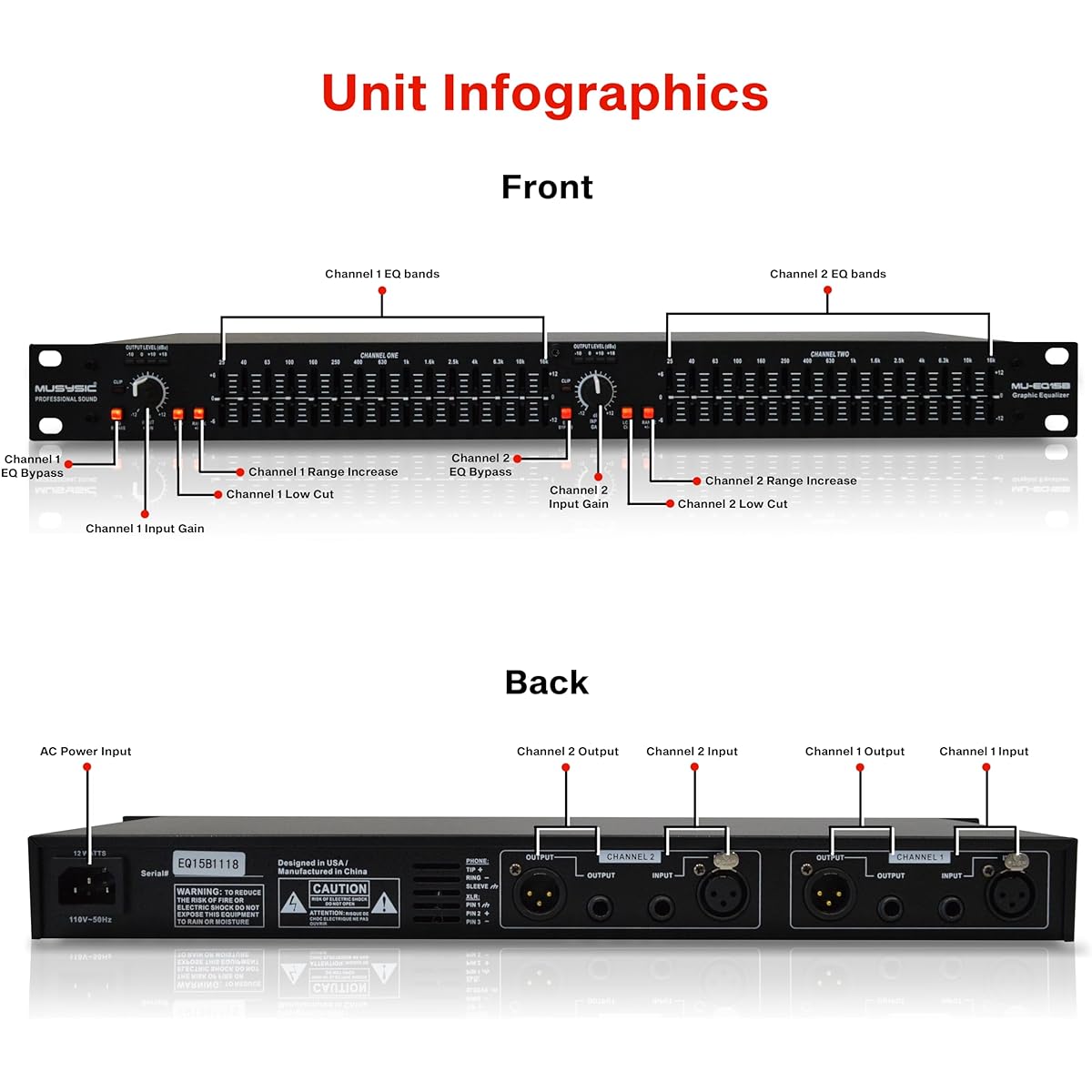 MUSYSIC MU-EQ15B Professional Dual 15 Band Stereo Graphic Digital Equalizer