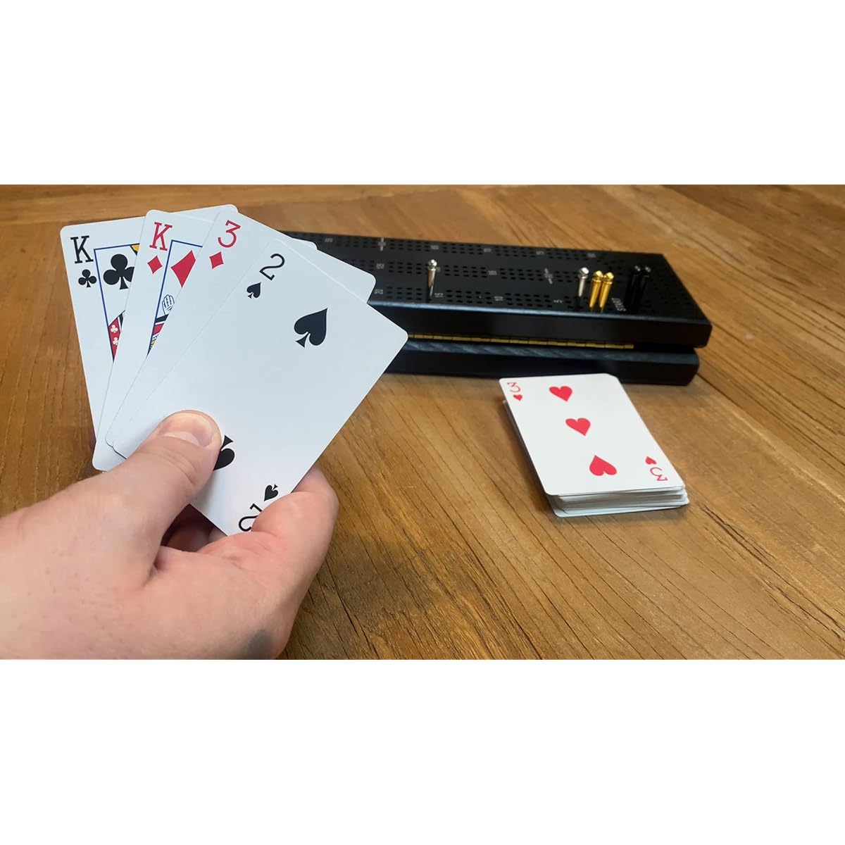 WE Games Cabinet Cribbage Set - Solid Wood - Black Stain - Continuous 3 Track Board Easy Grip Pegs Cards Storage Area