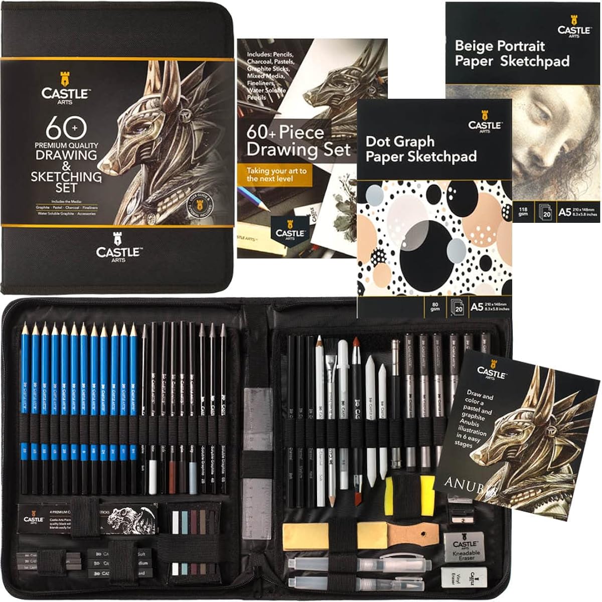 Castle Art Supplies 60 Piece Drawing & Sketching Set - Premium Graphite, Charcoal, Pastel, Water Soluble Pencils, Sticks/Fineliners for Professional and Adult Artists - Zip Case to Take Anywhere