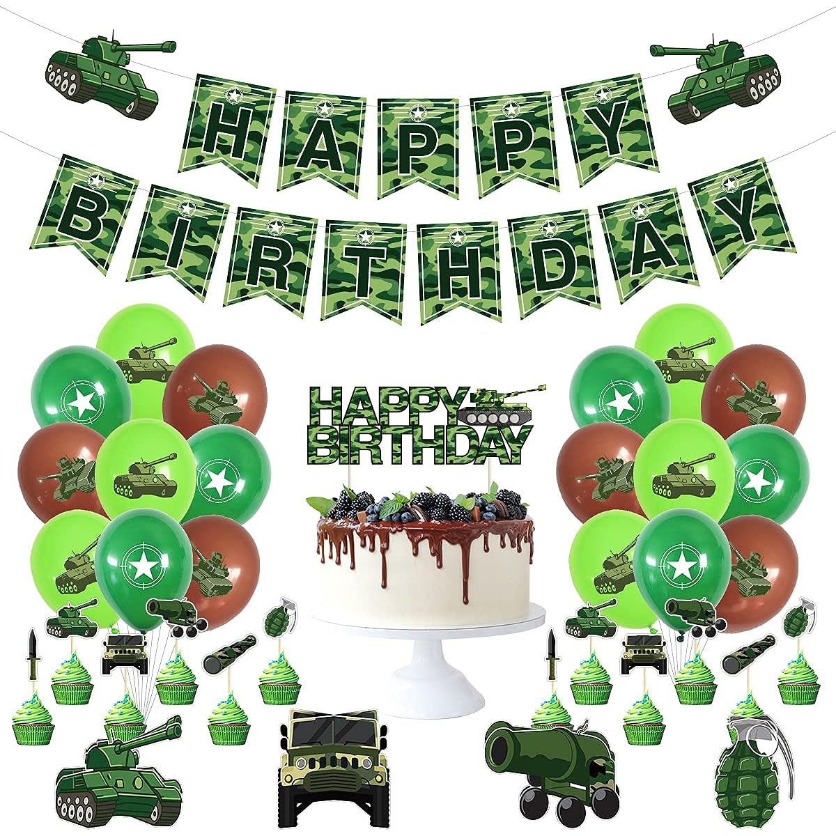 Camouflage Army Party Decorations for Birthday Party, Military Banner, 3D Paper Centerpieces, Cake Decorations, 36 Camouflage Balloons