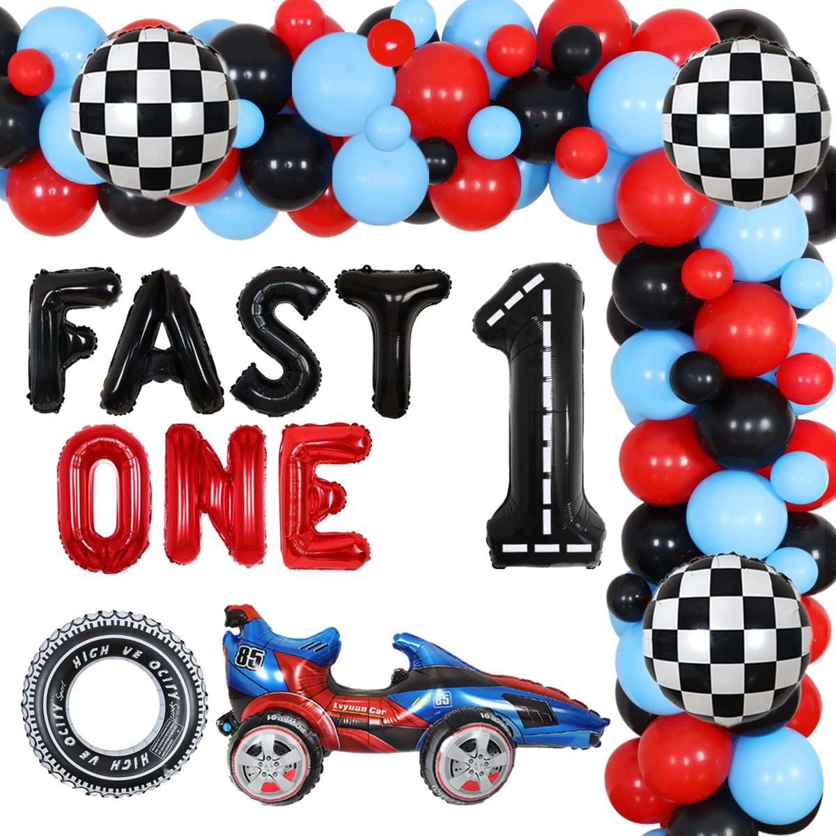 Racing Car 1st Birthday Party Decorations for Boys Fast One Let's Go Racing Birthday Supplies Cars Race Car Balloon Garland Kit with Checkered Flag Balloons Inflatable Tire Balloons for 1 Year Old Kids Boys