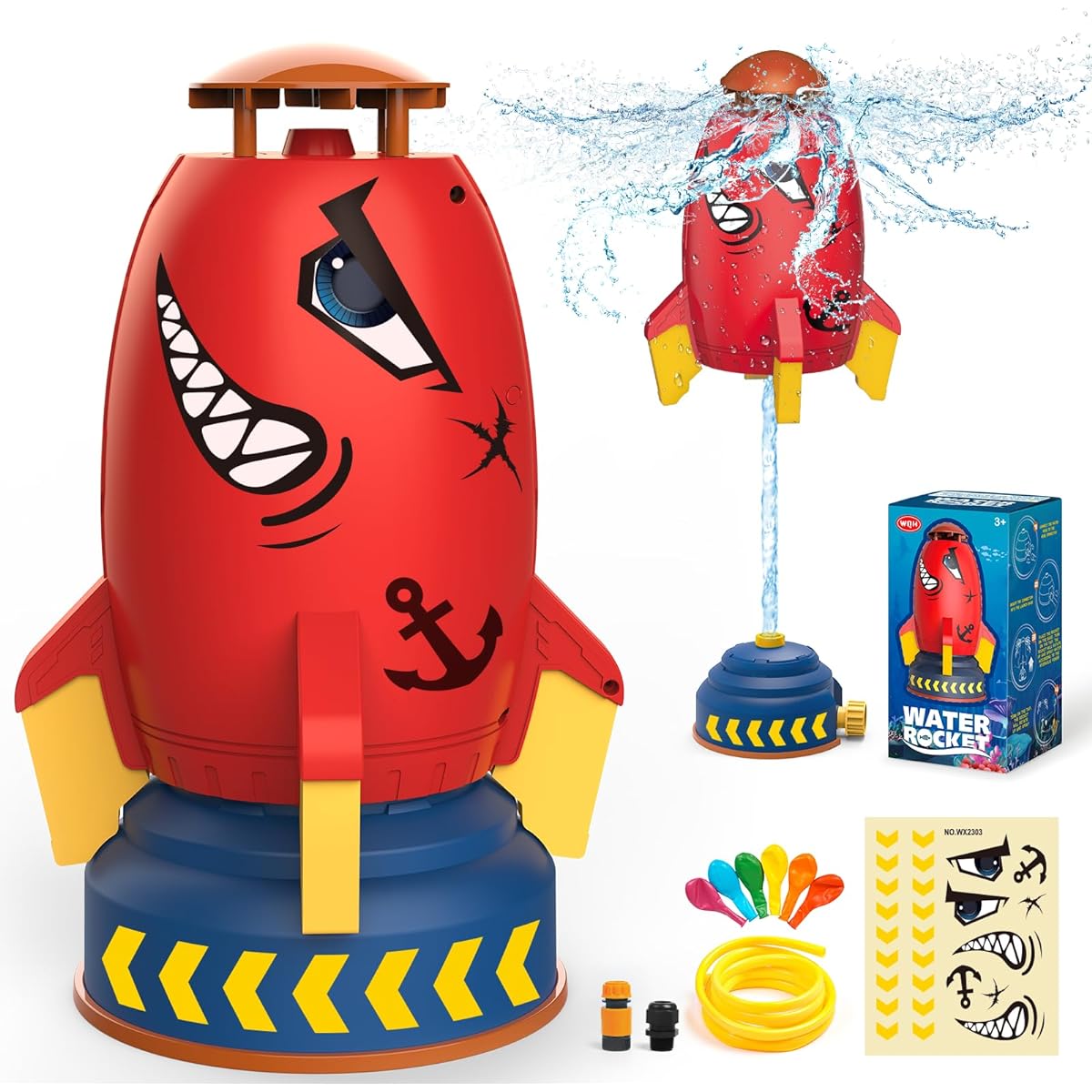DOLNOW Outdoor Water Toy Rocket Sprinkler for Kids, Rocket Hydro Powered Lift Off 3-12 Feet Rotation, Summer Backyard Water Play Toys Birthday Gift for Ages 3-10 Girls Boys (3/4" Hose Adapter Included)