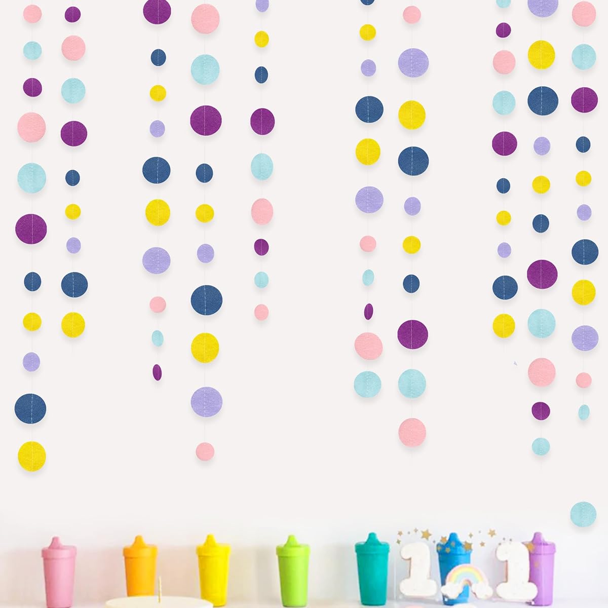 Oh Happy Day Decorations Navy Blue Yellow Purple Pink Boho Felt Circle Dot Garland Hanging Polka Dot Streamers for Classroom Preschool Everyone Welcome Homeschool Nursery Birthday Baby Shower Decor