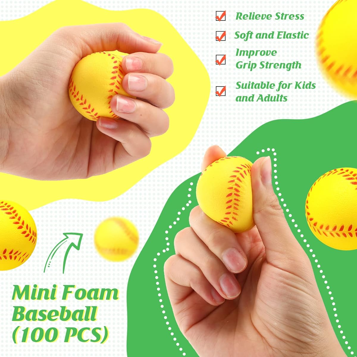 100 Pack Mini Softball Stress Balls Bulk Foam Yellow Baseball Squeeze Balls for Kids Sports Toy with Storage Bag Party Favors Anxiety Relief School Carnival Reward Christmas Stocking Fillers
