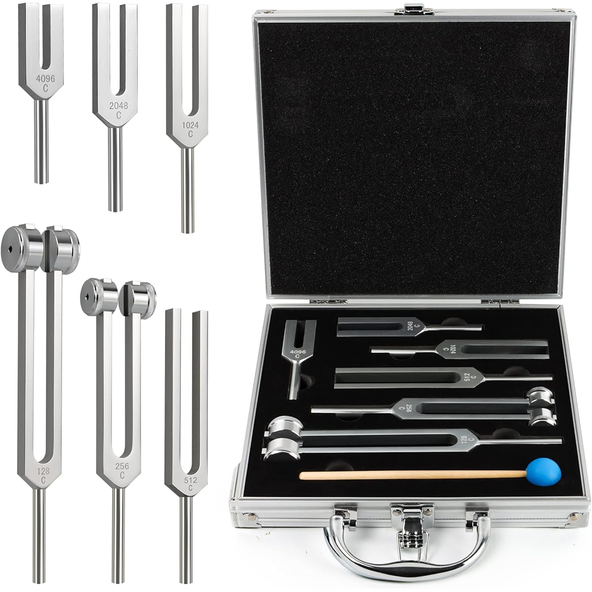 The7boX Tuning Fork Sound Healing Therapy Tool Set of 6 128HZ, 256HZ, 512HZ, 1024HZ, 2048HZ, 4096HZ Aluminum Alloy Tuning Fork Chakra Set for Sound Therapy Weighted Tuning Fork Perfect for Meditation