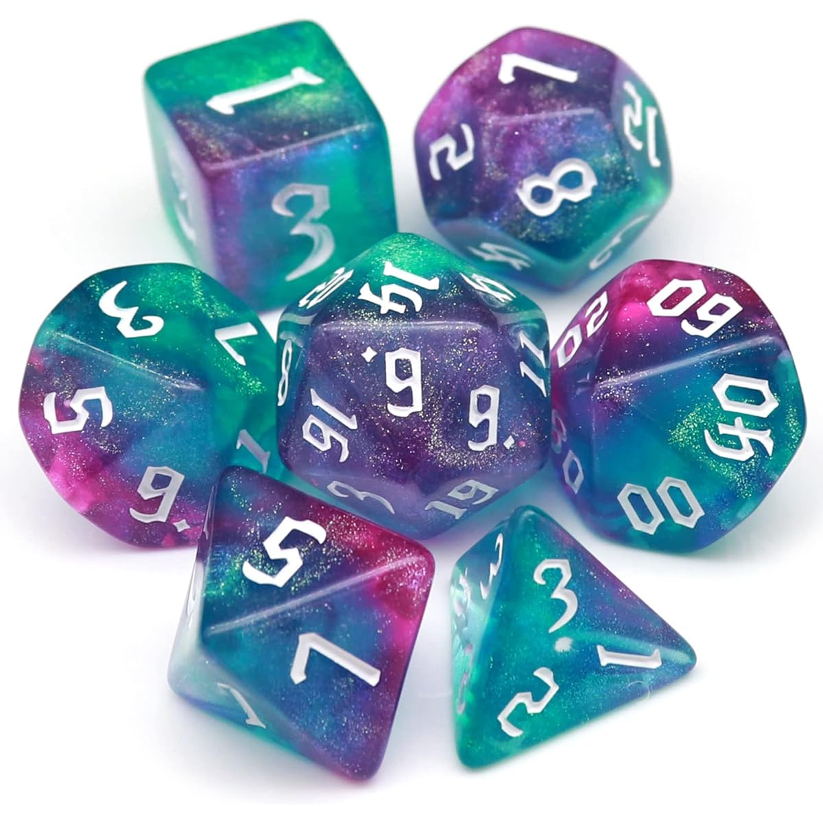 Hakusteka 14 Piece Glitter DND Dice Set Purple Blue Polyhedral RPG Dice for Dungeons and Dragons Gift