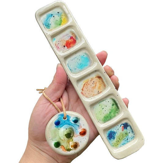 Ceramic Paint Palette, Watercolor Palette, Porcelain Artist Paint Palette, Mixing Art Watercolor Paint Palette, Handmade, Suitable for Mixing Acrylic, Watercolor and Oil Painting (Long Holm - 6 Holes)