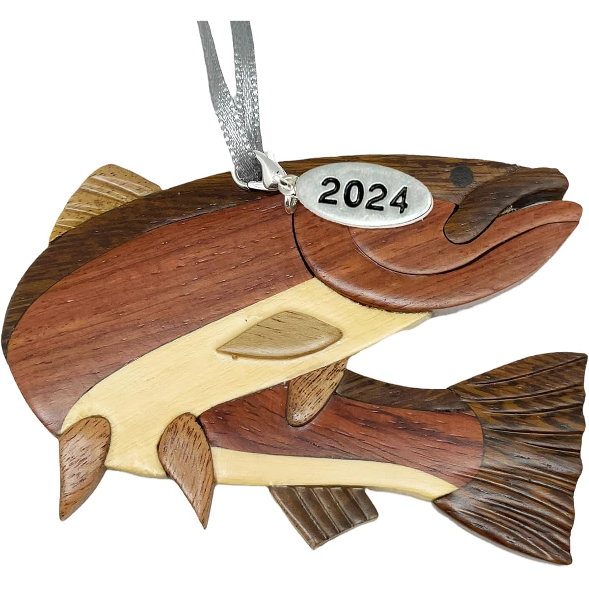 Steelhead Rainbow Trout Fishing Christmas Ornament 2022 Two Tone Wooden Christmas Ornament Intarsia Design Trout Ornament Trout Christmas Ornament Fishing Ornament in Gift Bag