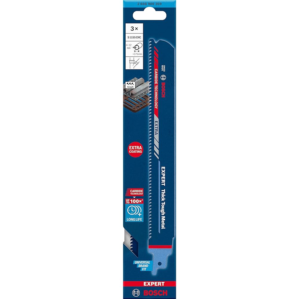 Bosch Professional 3x EXPERT ‘Thick Tough Metal’ S 1155 CHC Saver Saw Blade (thick metal, stainless steel tube, cast iron, total length 225 mm, saber saw accessories)