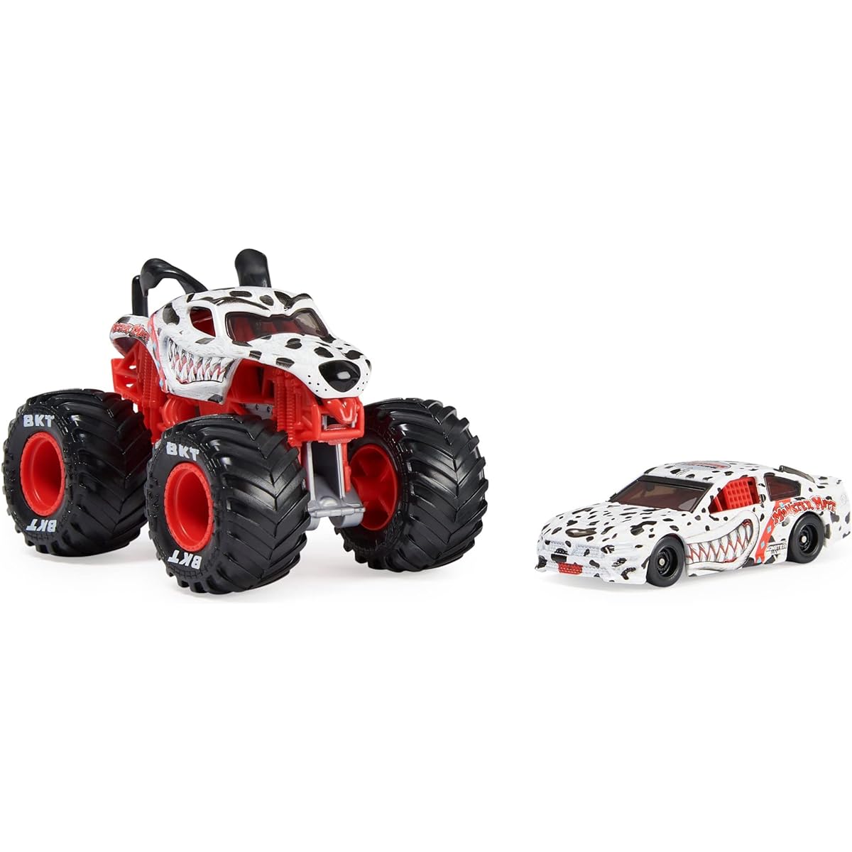 Official Monster Jam 1:64 Scale Die-Cast 2-Pack Monster Truck and Race Car: Monster Mute Dalmatian