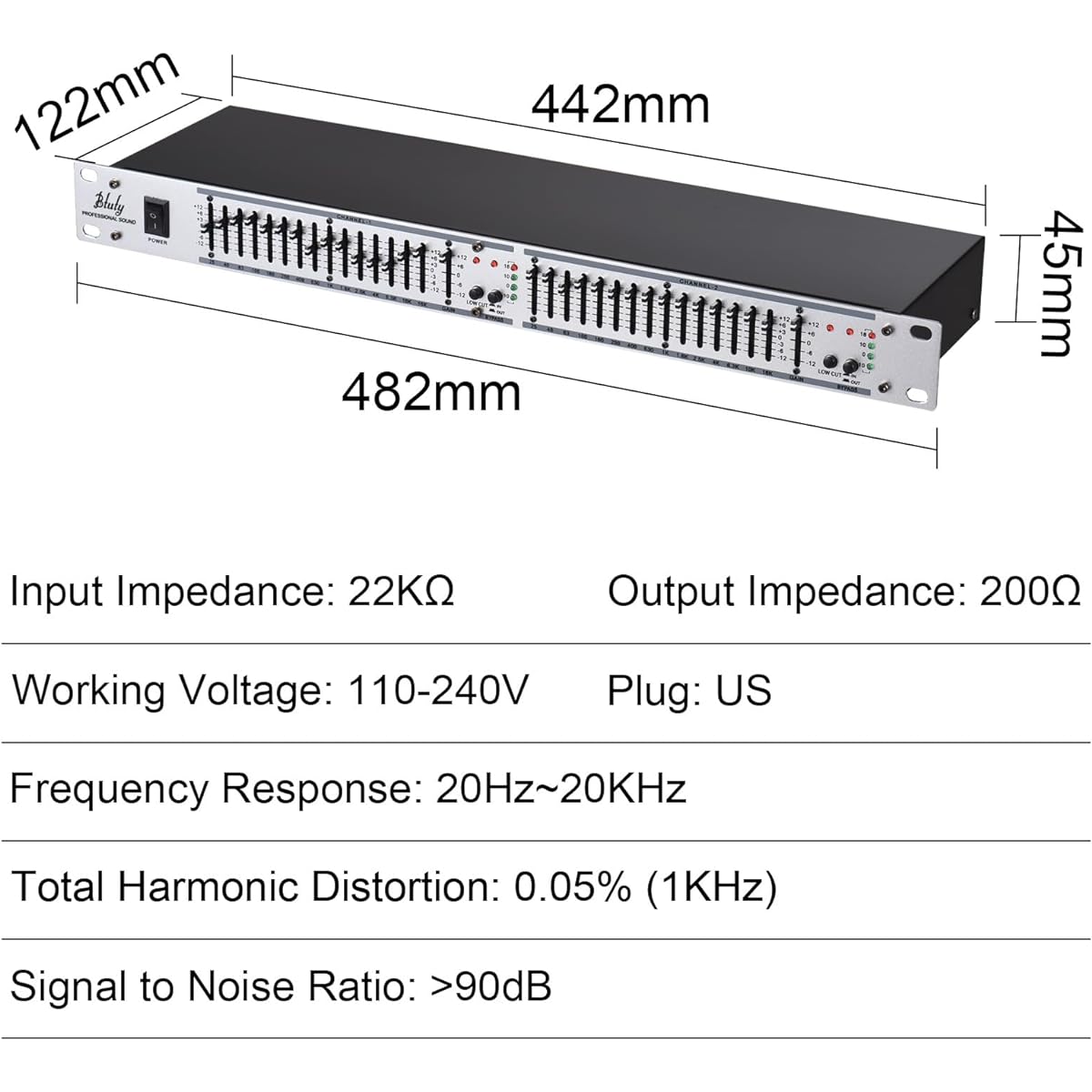 Btuty Dual Channel 15 Band Equalizer 1U Rack Mount EQ-215 (Silver)
