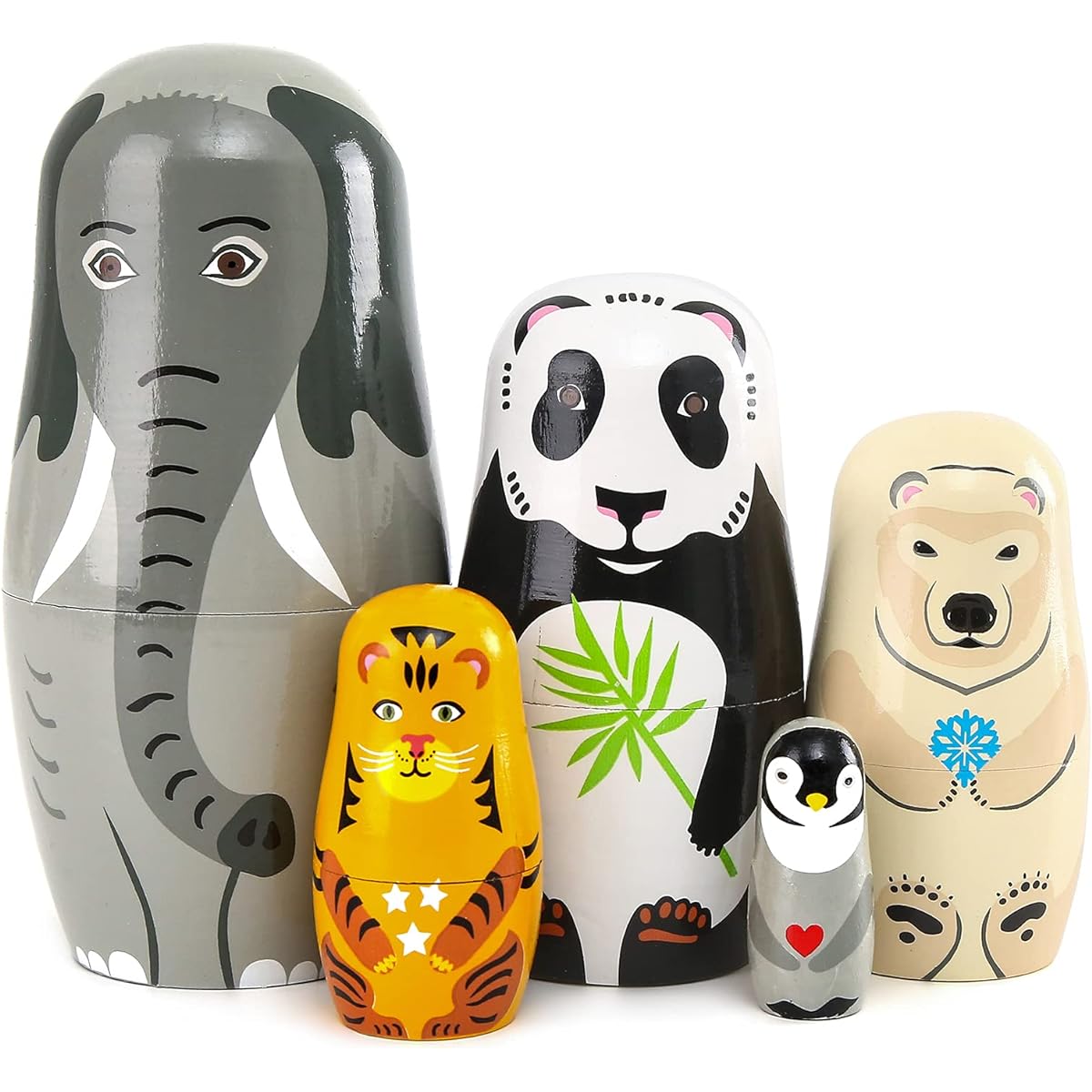 Moonmo 5pcs Handmade Wooden Animal Nesting Dolls Elephant and Panda Traditional Russian Matryoshka Gift