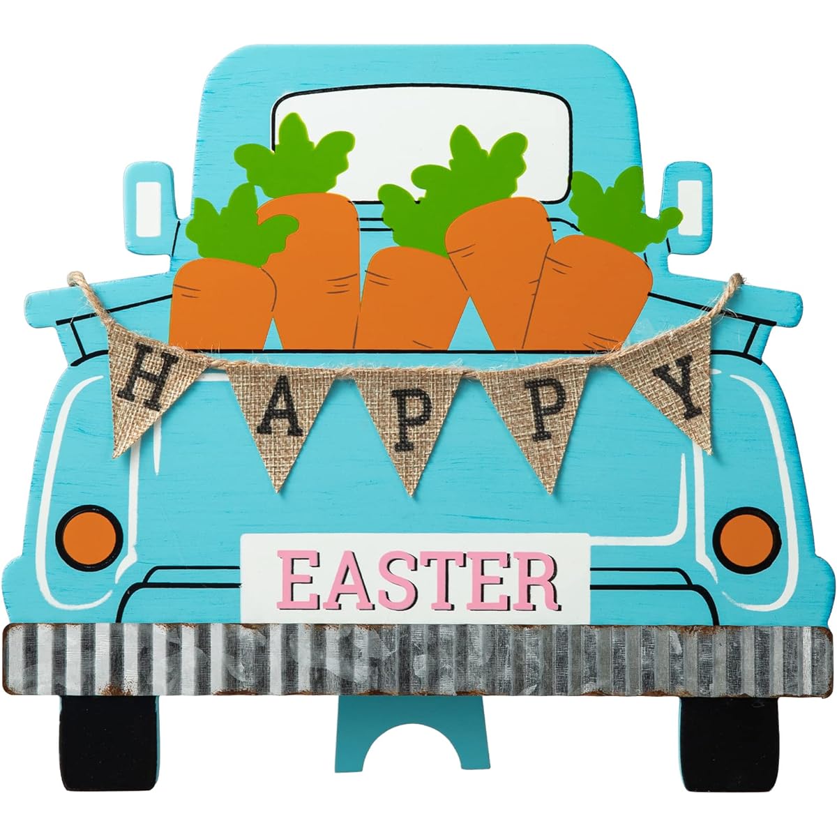 glitzhome Happy Easter Tabletop Sign Indoor Decor Easter Wooden Metal Truck Block Farmhouse Rustic Table Centerpiece Sign Decoration Easter Truck Carrot Spring Break Home Party Decor