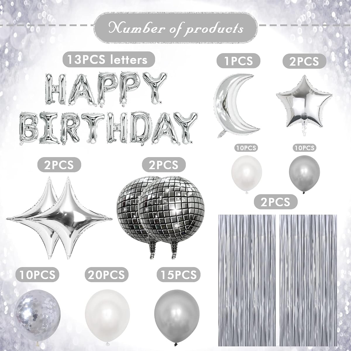 Refavor Disco Party Decorations - 87 Pieces Disco Happy Birthday Party Decorations Silver Backdrop Disco Birthday Balloons Ball Decoration 60s 70s 80s Cool Retro Silver Birthday Decorations for Women Men