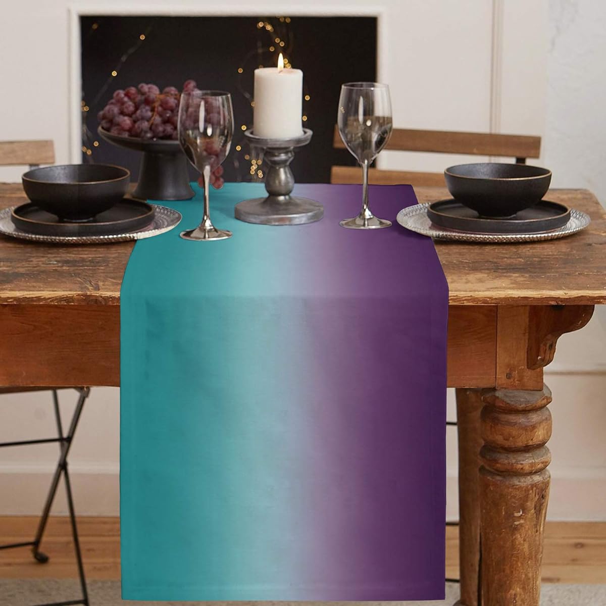 Aiesther Ombre Linen Burlap Table Runner 13 x 72 Inch Dining Table Runner for Farmhouse Wedding Party BBQ - Gradient Turquoise Teal to Purple Table Decor