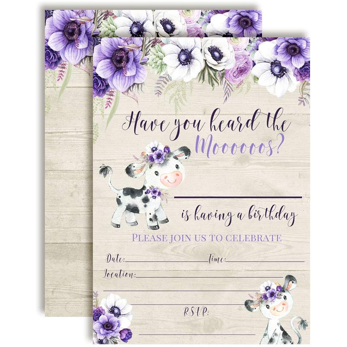 AmandaCreation Watercolor Floral Cow Themed Baby Birthday Party Invitations of 20 5"x7" Cards with 20 White Envelopes