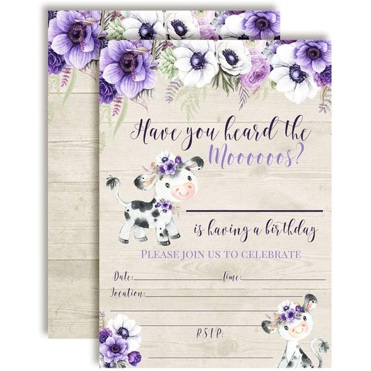 AmandaCreation Watercolor Floral Cow Themed Baby Birthday Party Invitations of 20 5"x7" Cards with 20 White Envelopes