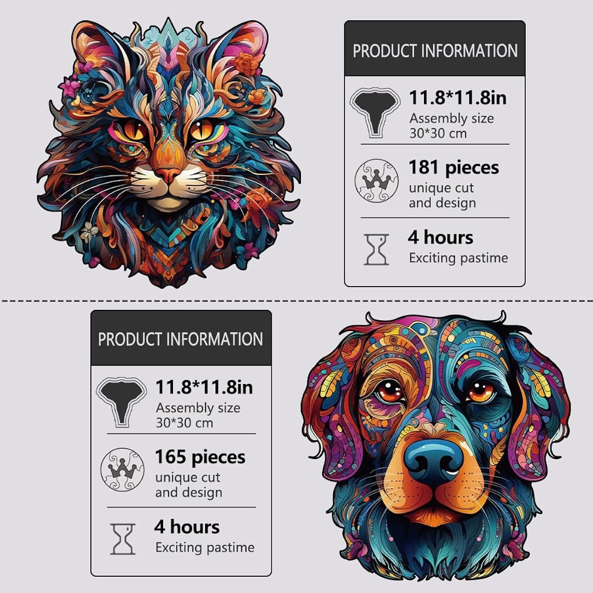 2 Piece Wooden Jigsaw Puzzle Set for Adults, Unique Shape Woodcut Puzzle, Best Gift for Adults and Kids, 11.8x11.8 Inch (Dog and Cat)