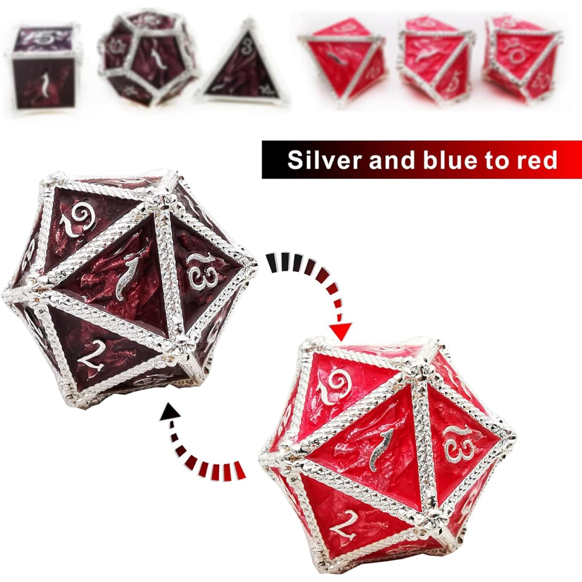 MJDICEOK Color Changing Dice Metal Dragon Dice DND Dice Set D&D Dice Set Role Playing Dice for Dungeons and Dragons (Black to Red)
