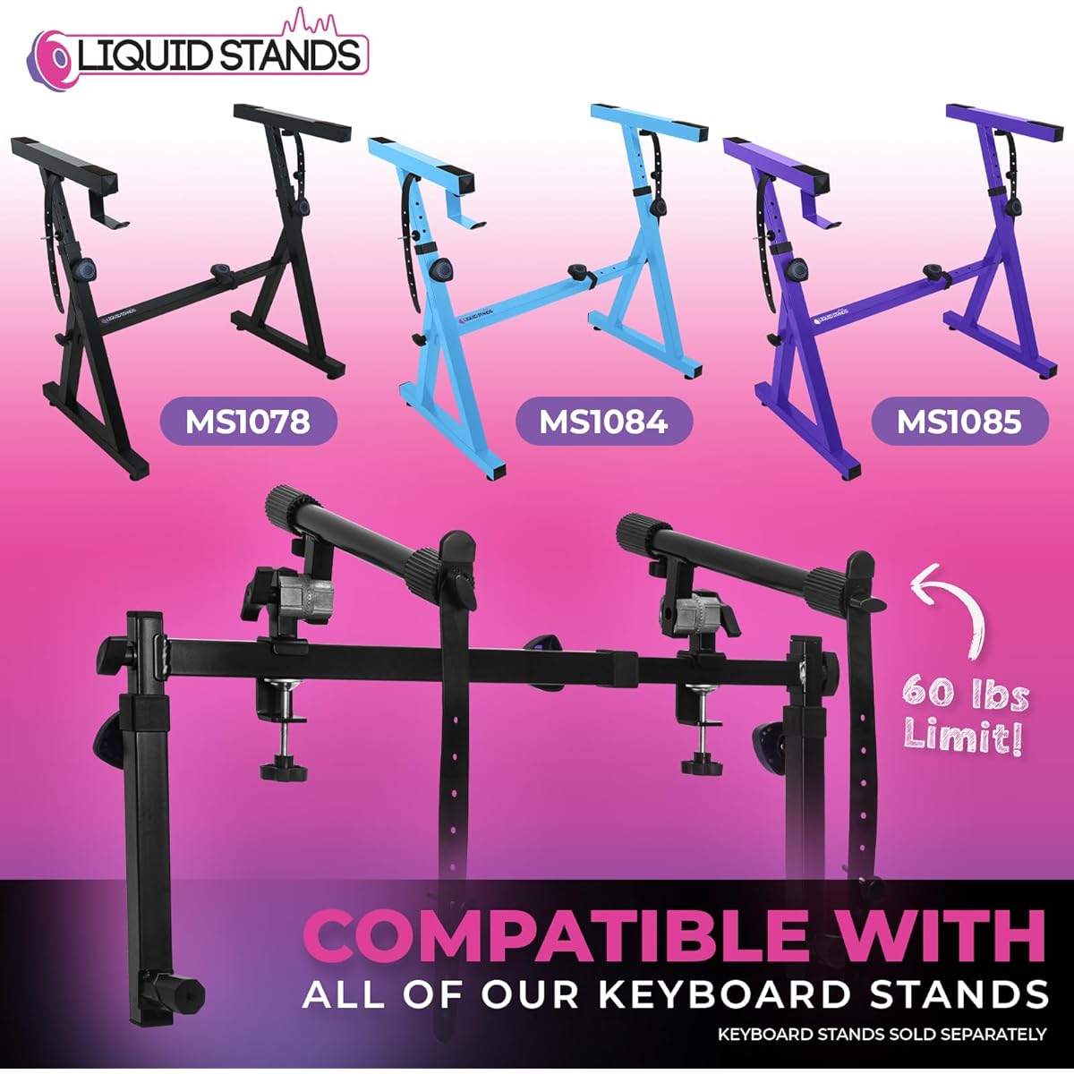 Liquid Stands - 2 Tier Keyboard Stand with Straps - Adjustable Electric Digital Piano Stand for 54-88 Key Keyboards and Music Synthesizers - Double Two Tier Keyboard Stand for Square Z Tube Stands