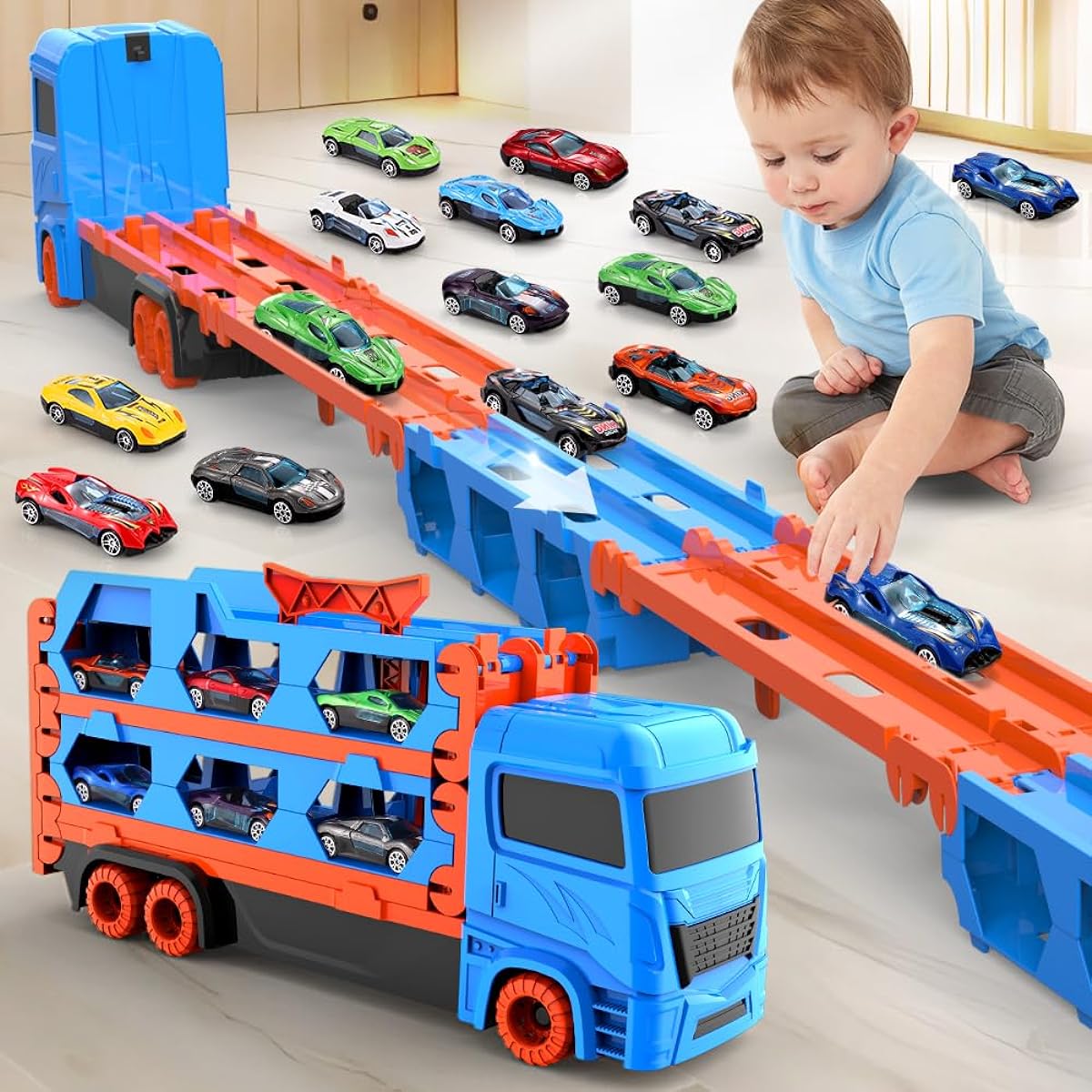 TIAONIAO Ejection Truck Race Truck Transformable Foldable Storage Transporter Catapult and Shooting Metal Car Toy Toddler Toys for 3 4 5 6 Year Old Boys Girls (Blue)
