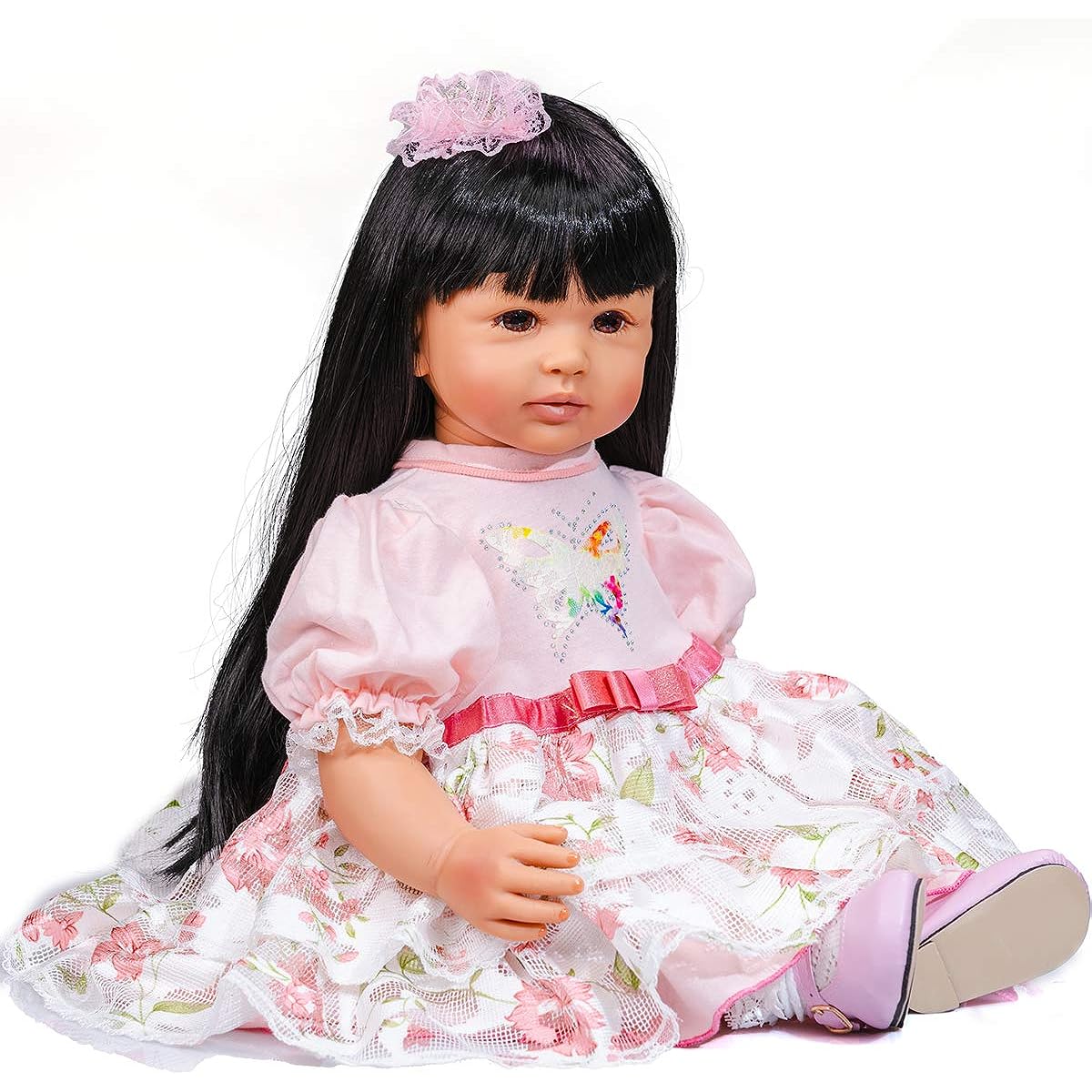 Pinky Reborn Toddler Baby Girl Doll Princess Long Hair 24" 60cm Lifelike Baby Doll Soft Silicone Vinyl Brown Skin Doll for Kids Birthday Christmas Gift