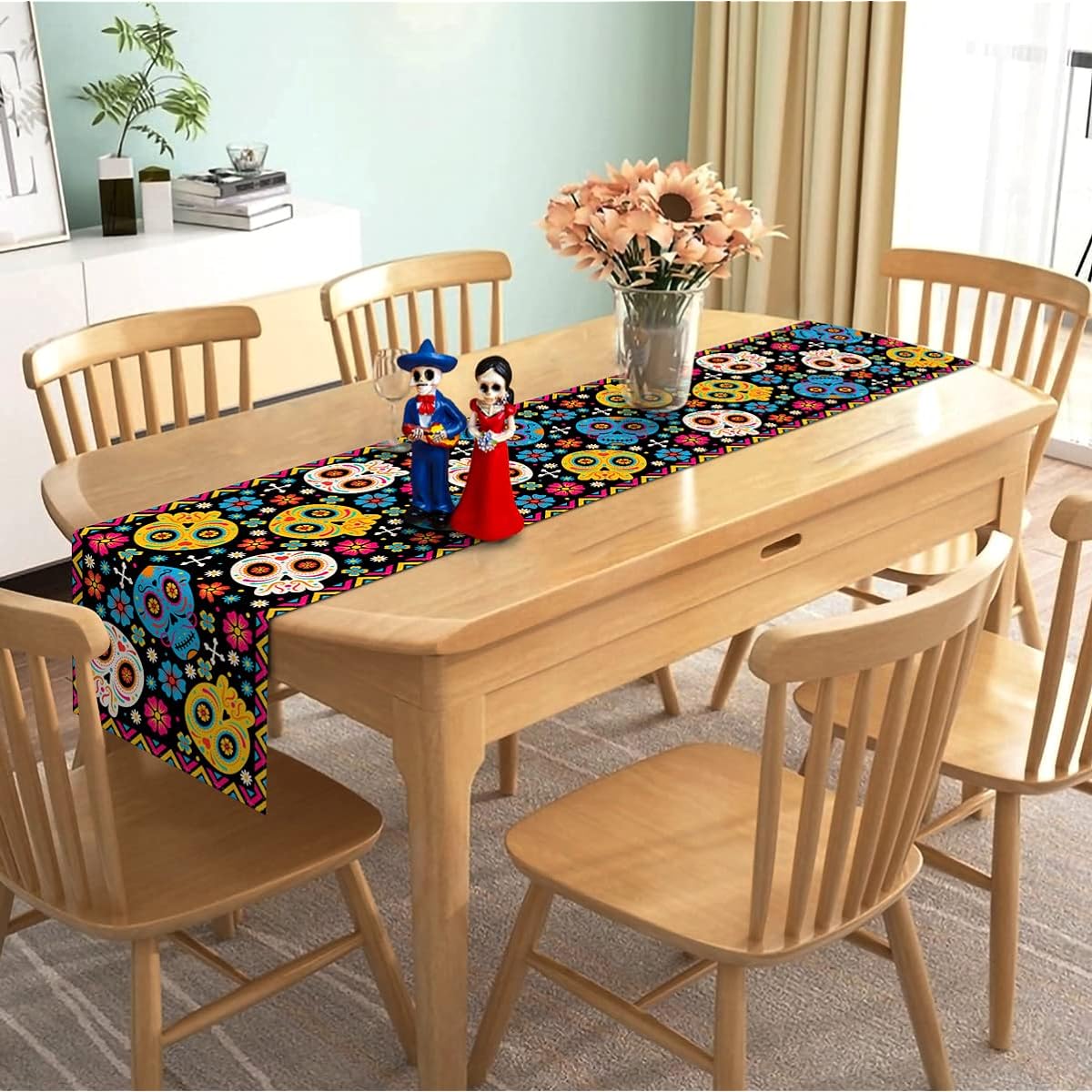 Nepnuser Dia De Los Muertos Table Runner Sugar Skull Mexican Day of the Dead Decorations Halloween Party Supplies Kitchen Dining Room Home Decorations