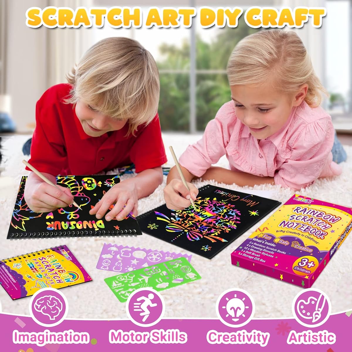 pigipigi Art Craft Gifts for Kids - 3 Pack Upgraded Rainbow Scratch Paper Notebook Black Magic Color Drawing Supplies Toy Set for 3-12 Year Old Boys Girls Birthday Party Favors Christmas Easter Activities