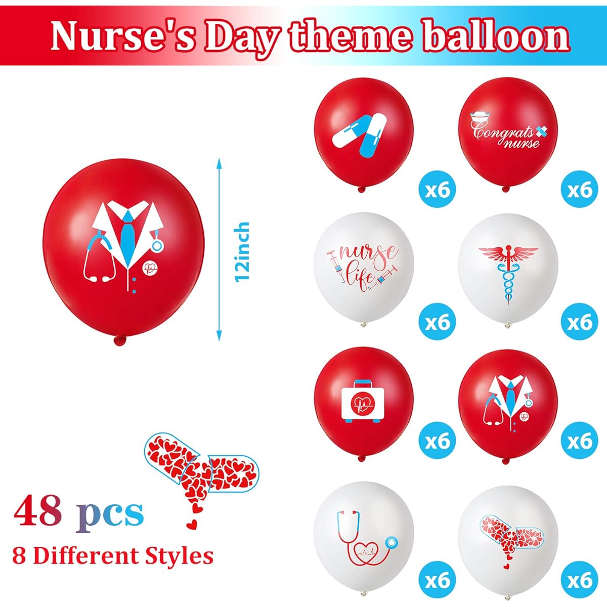 48pcs Nurse Balloons 12inch Red and White Nursing Latex Balloons for Nurse Graduation Decorations Nurse Party Decorations Supplies