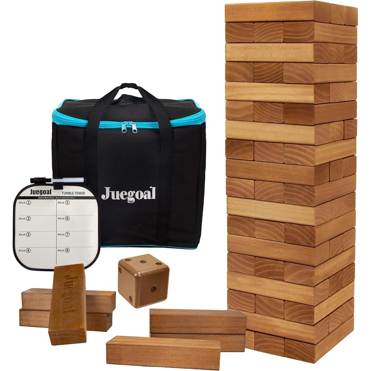 Juegoal Giant Tumble Tower Blocks 54 Pieces Giant Wood Stacking Game with 1 Dice Game Board Canvas Bag for Adults Kids Family Brown