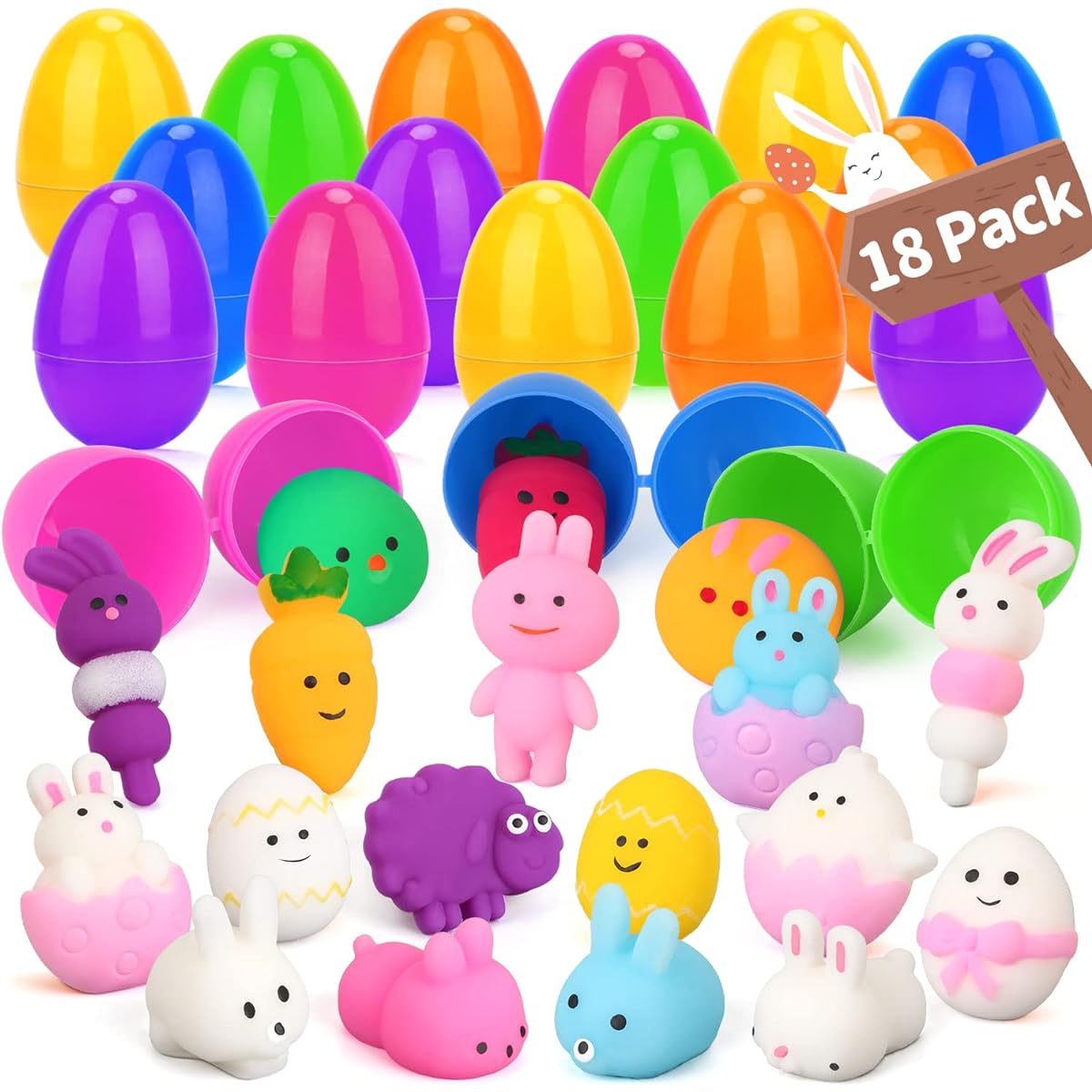 Opawel Easter Basket Stuffers Squishy Toys, 18pcs Easter Egg Fillers, Colorful Prefilled Easter Eggs for Easter Theme Party Favors, Easter Egg Hunt