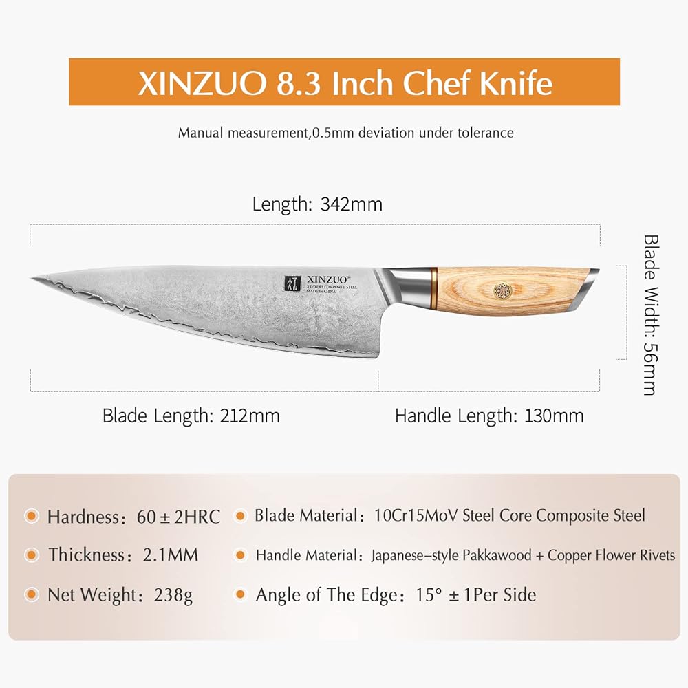 XINZUO 21.2cm Chef Knife 10Cr15CoMoV Steel Core Composite Steel, Professional Kitchen Cooking Knife 3 Layer Clad Steel Gyuto Knife, Stainless Sharp Sushi Knife - with Pakkawood Handle