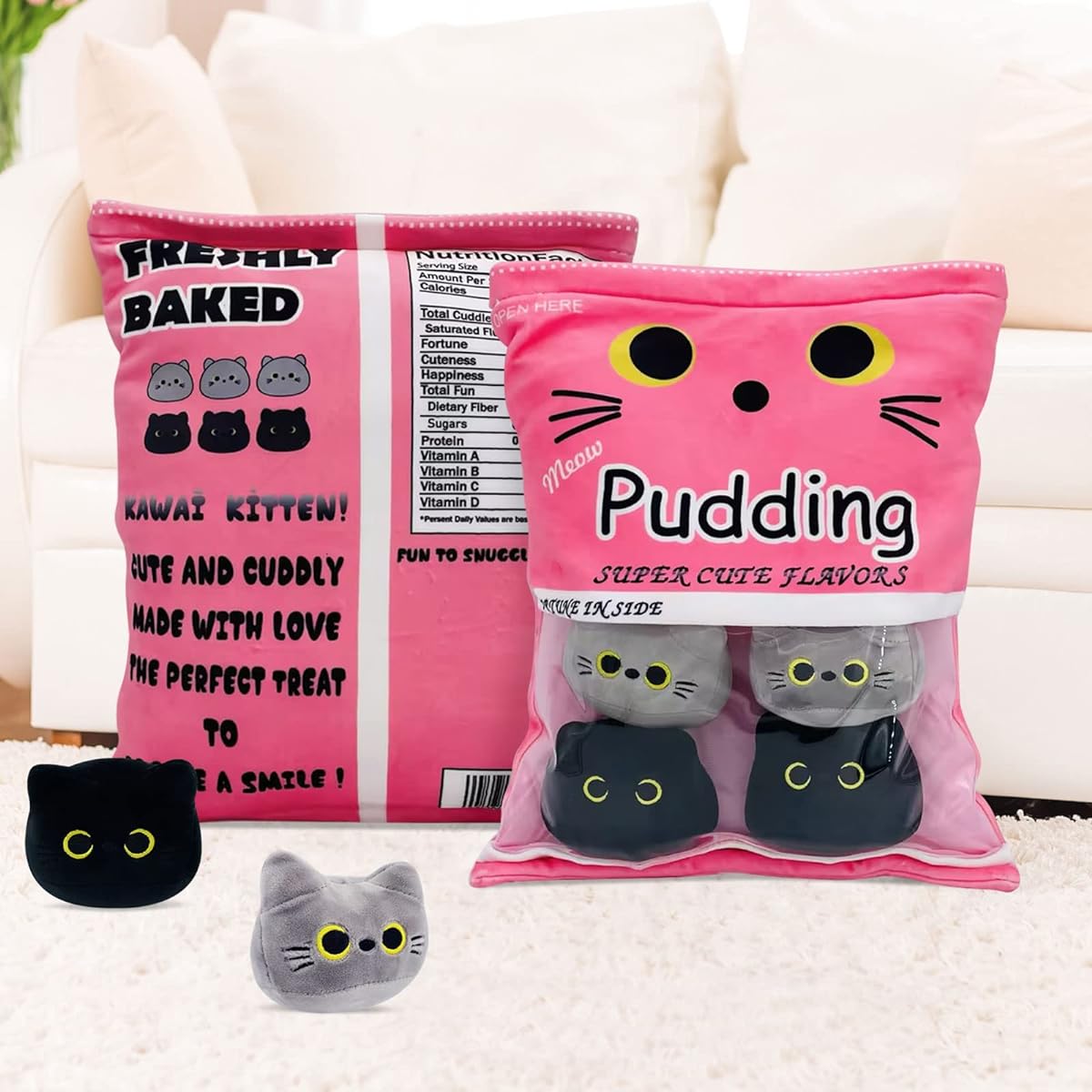 Cute Black Cat Plush Toy Detachable Stuffed Animal Plush Toy Soft Cute Gray Cat Plush Toy Cushion Home Decoration Gift for Children Girls (6 Bags, Pink)