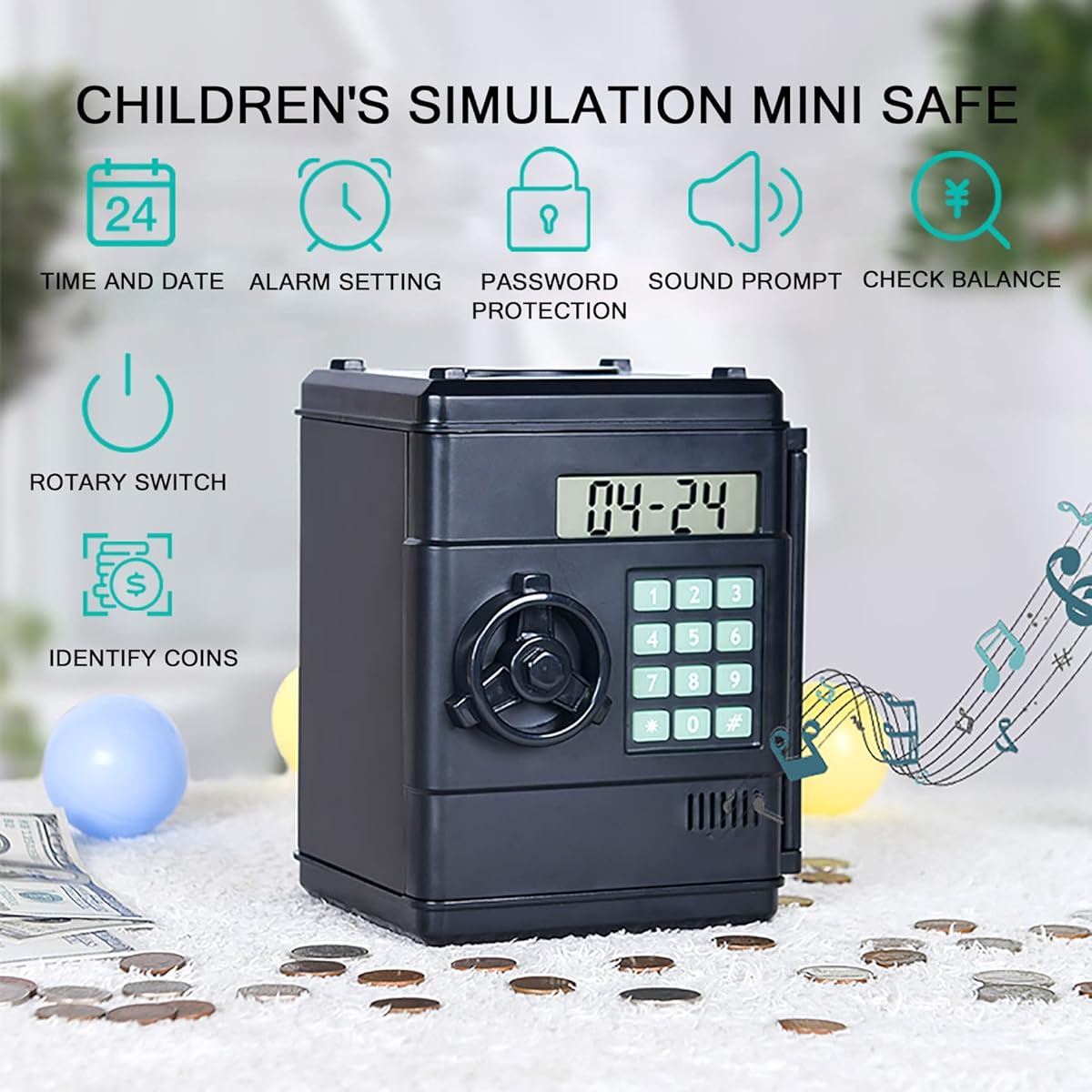 LB Children's Electronic Money Bank Password Mini Safe Automatic Recognition Coin Piggy Bank Display Balance Small Locker Best Toy Gift for Boys and Girls Birthday Black
