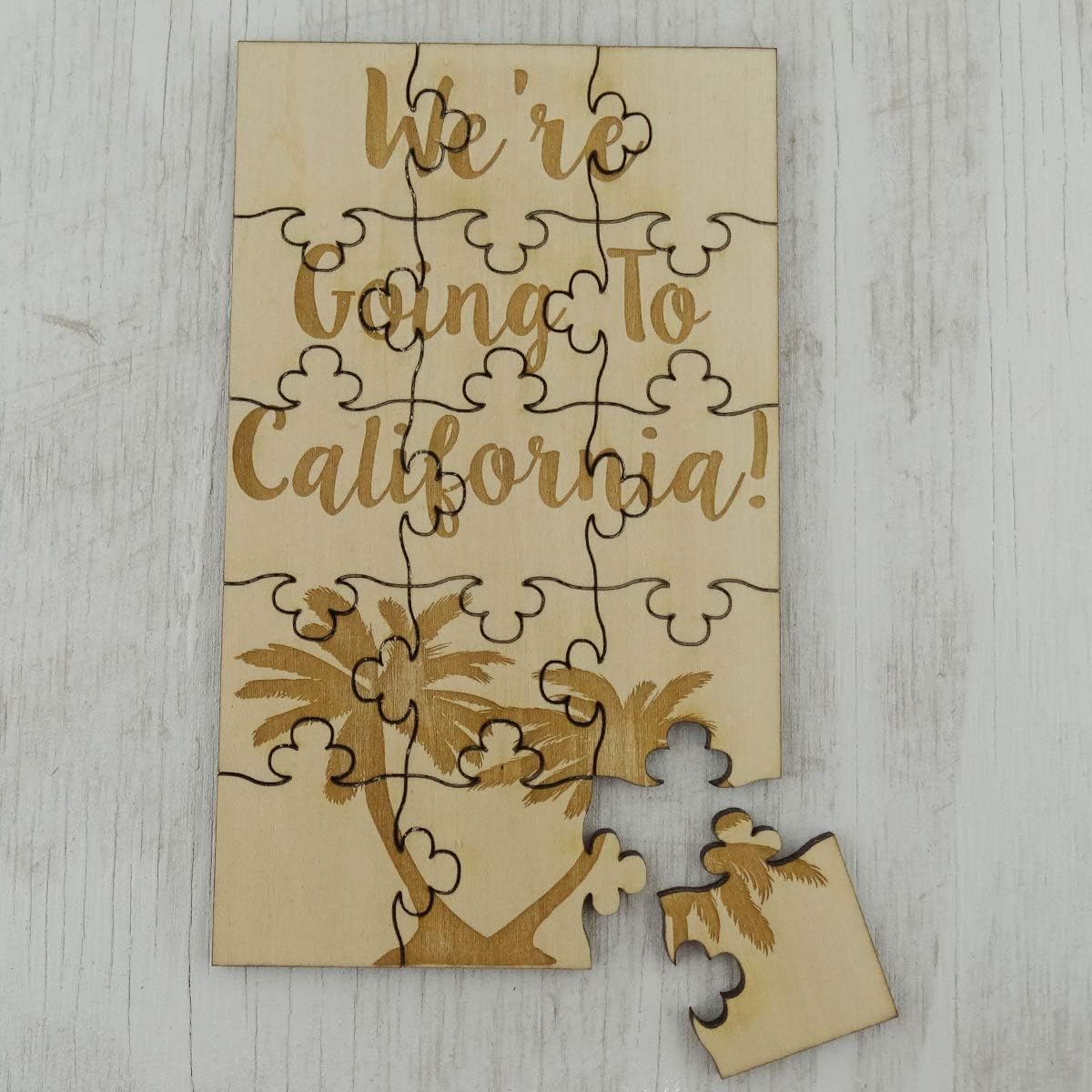 We're Going to California! - 15 Piece Wooden Jigsaw Puzzle 6" x 3.5" Surprise Trip Gift Vacation Announcement
