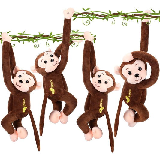 4-Pack 17.8" Hanging Monkey Stuffed Animals with Hook & Loop Zipper - Stuffed Animal Gifts for Teens & Adults Stuffed Animals Soft Monkey Doll Decorations (Brown)