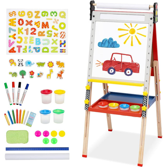 Kids Art Easel Foldable Wooden Easel 3 in 1 Kids Easel with Paper Roll Adjustable Height Chalkboard & Whiteboard Kids Toddler Birthday Holiday Gift