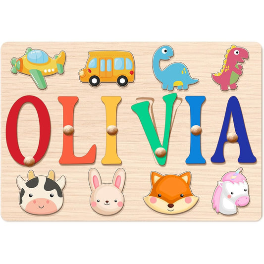 AUMUKO Kids Name Puzzle, Personalized Wooden Name Puzzle for Toddlers Ages 1-3 with Engraved Text on Back, Christmas 1st Birthday Gift for Baby Girls Boys Toddlers Learning Toys