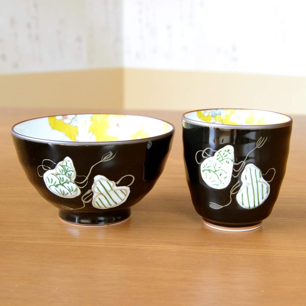 Umbrella longevity celebration, auspicious gift for good health, Arita ware teacup, tea bowl, rice bowl set, six gourd colors, green, noshi and message card included, wooden box