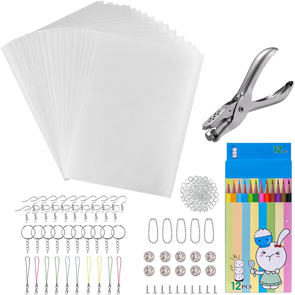 chfine Shrink Plastic Sheet Kit for Shrinky Dinks, 188 Pieces Heat Shrink Dink Key Chain Kit with 20 Sheets of Blank Shrink Film Paper and 168 Pieces Accessories for Kids Creative Arts Crafts DIY Ornaments Key Chains
