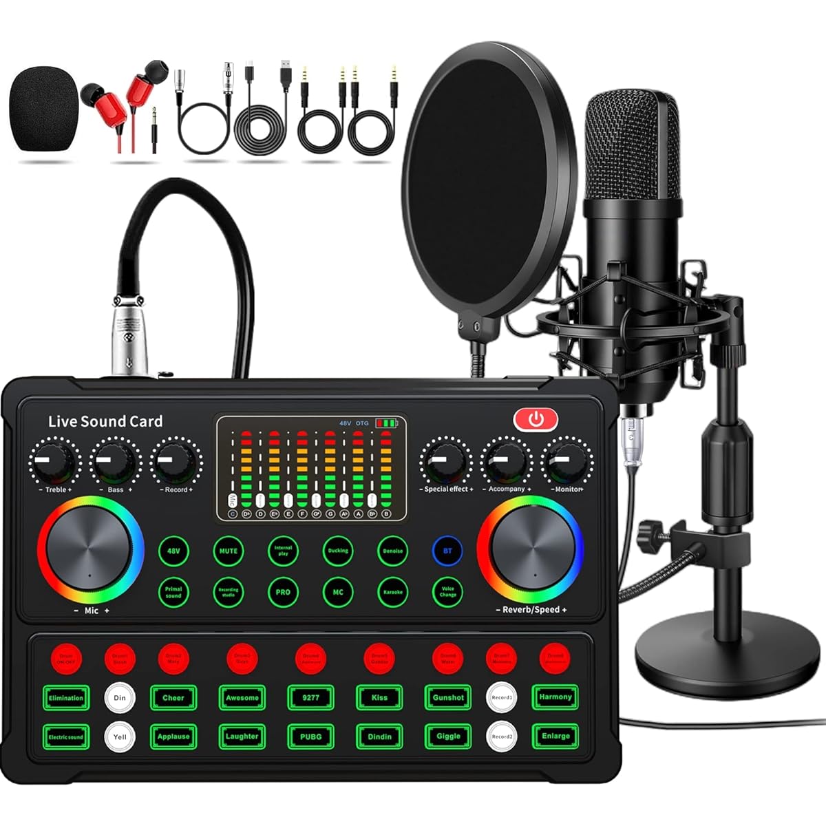 Podcast Equipment Bundle 48V Condenser Microphone Bundle with M300 Voice Changer Podcast Microphone Recording Studio Package for Podcast Live Streaming Singing PC Mobile TikTok YouTube