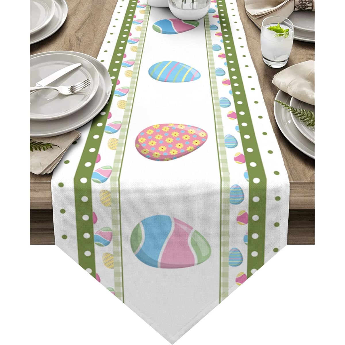 Cotton Linen Triangle Table Runner 72" Long Buffalo Check Graffiti Easter Egg Dresser Scarf Table Decoration for Wedding Party/Graduation/Banquet(14x72") Stripe Polka Dot