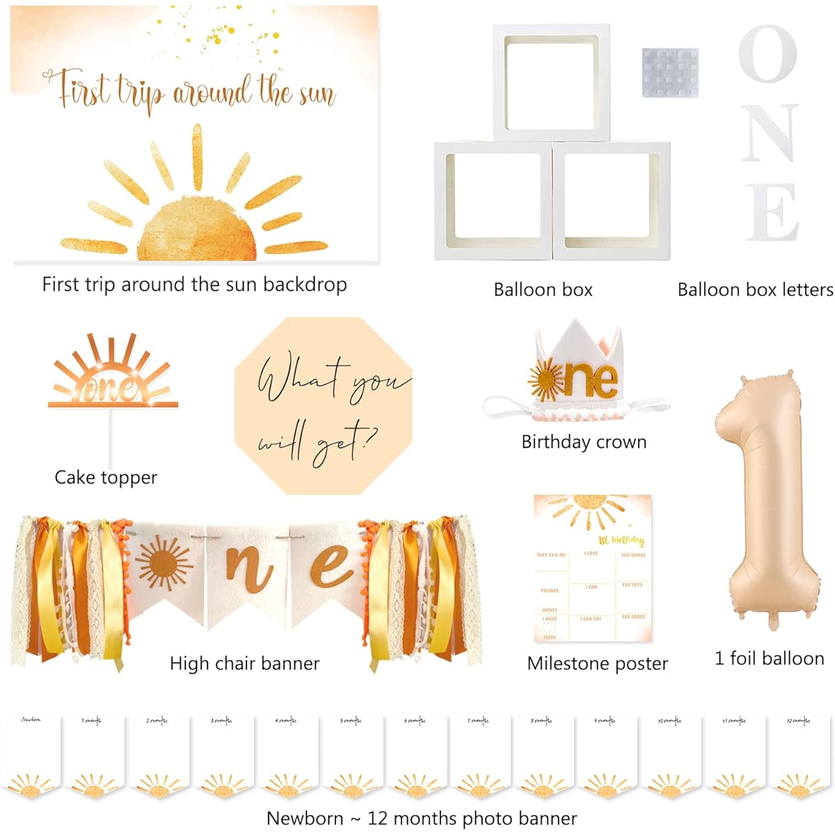 Shempeium First Trip Around The Sun Birthday Decorations Party Supplies Boho Sun 1st Birthday Decorations for Girls First Trip Around The Sun Balloon Box Backdrop 1st Birthday Girl Decor Sun Theme First Birthday Party Supplies