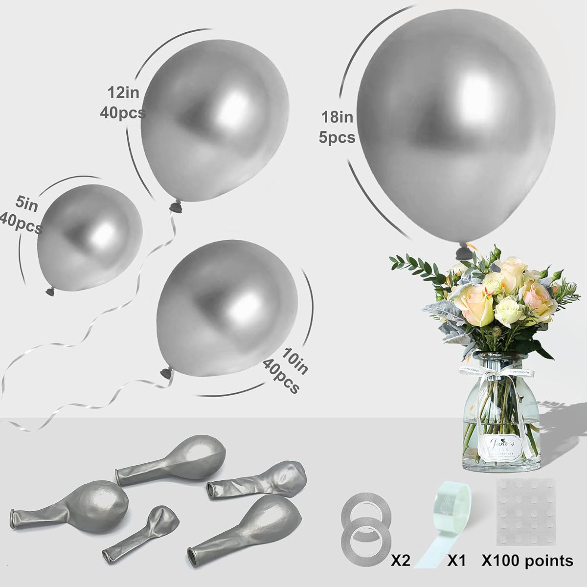 Metallic Silver Balloon Garland Kit, 125pcs 18/12/10/5inch Metallic Silver Latex Balloons Different Size Pack for Birthday Halloween Wedding Baby Shower Party Decorations