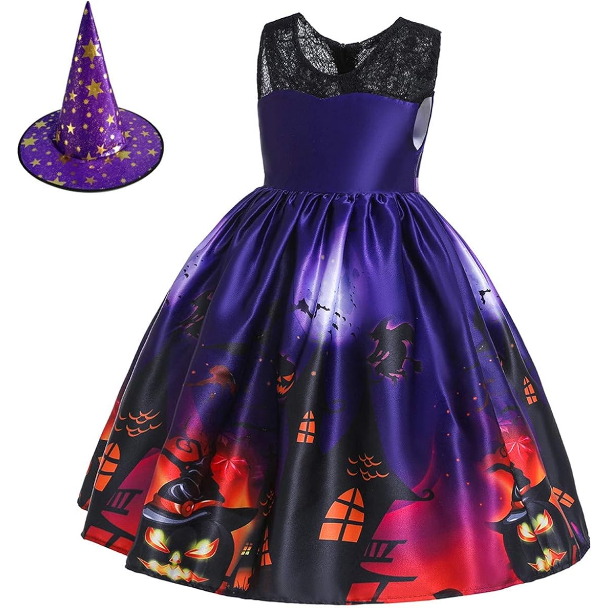 IZKIZF Kids Girls Halloween Party Costume Witch Ghost Pumpkin Skull Cosplay Fancy Dress Up Outfit with Witch Hat