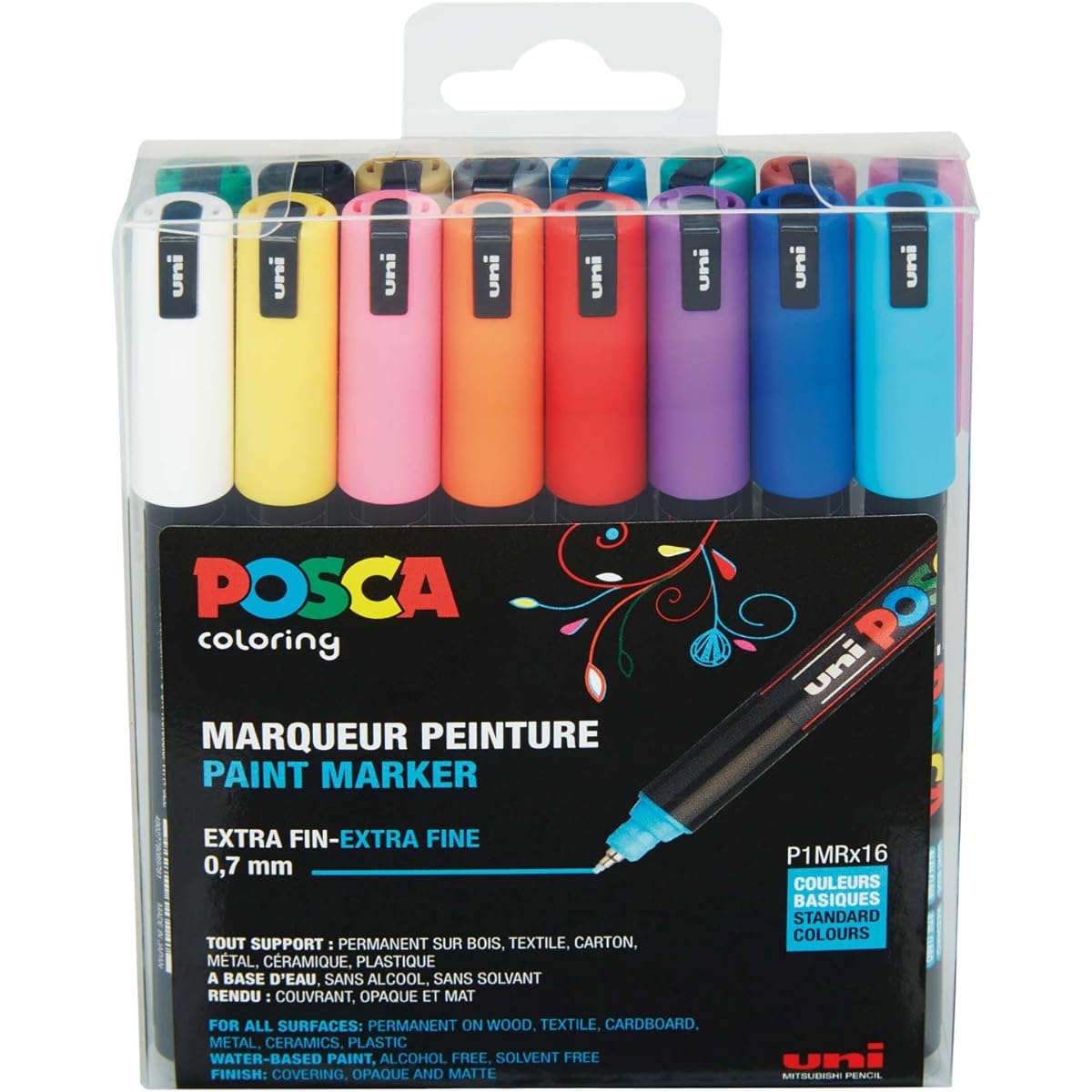 Posca PC1MR Extra Fine Tip Pens, Basic Colors, 16 Pieces