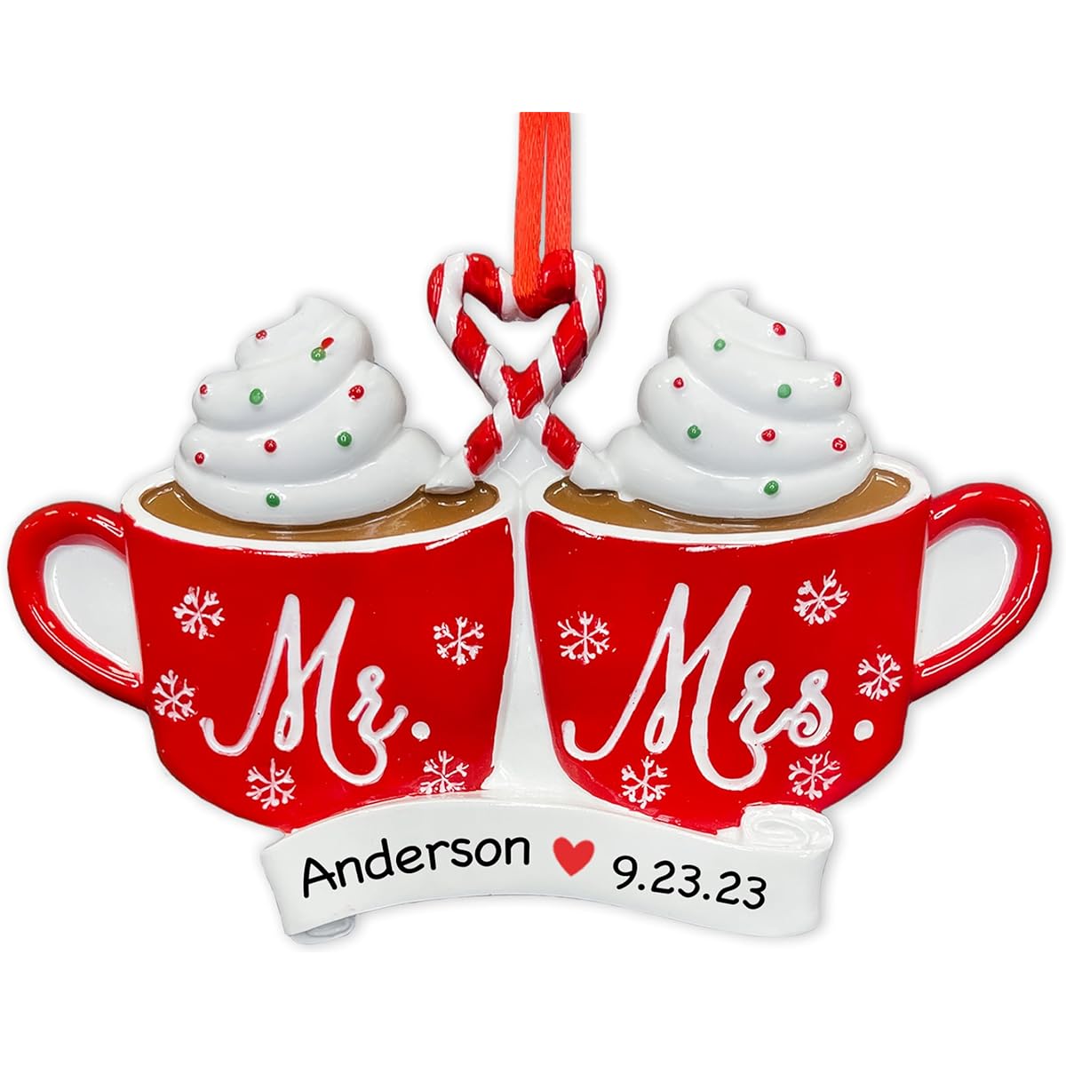 UniqXmas Personalized Our First Christmas as Mr and Mrs Ornament 2023 | Custom Hot Cocoa Mug Wedding Christmas Tree Decoration | Newlywed Couple Married 1st Year Wedding Anniversary Gift