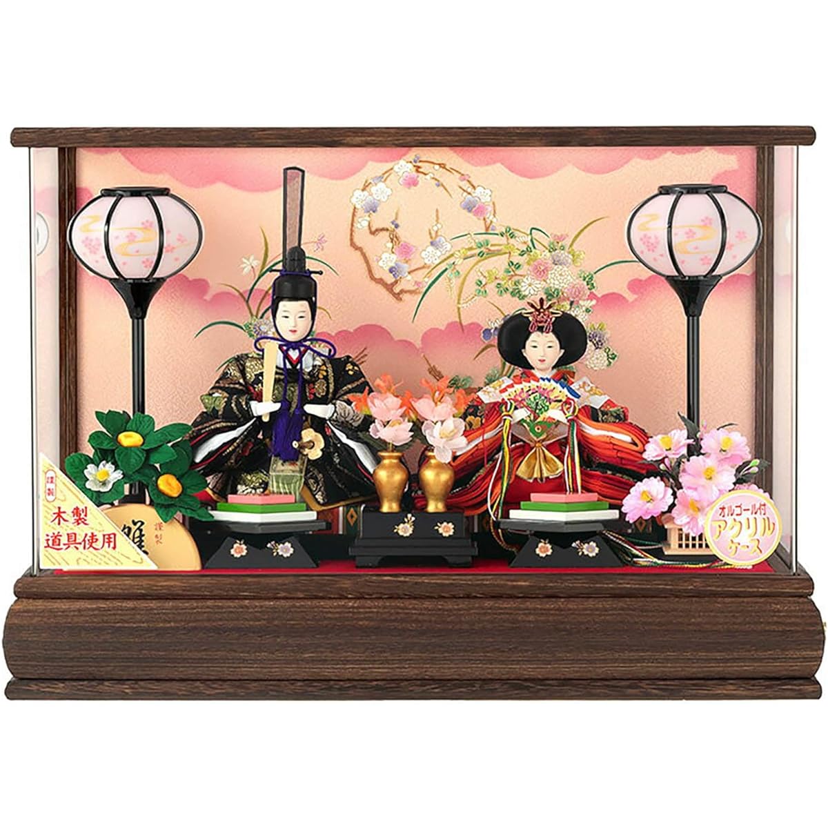 Compact Hina dolls, Hina dolls, case decoration, prince and princess decoration, small mustard, glazed paulownia wood, acrylic case, with music box h053-sg-7-23