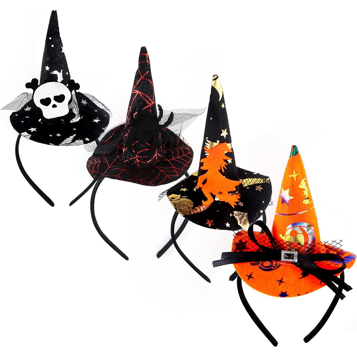 puxyblue Halloween Headband Skull Witch Spider Ribbon Cute Hair Band Made of Thin Silk Buildable for Halloween Party Role Playing (Pack of 4)