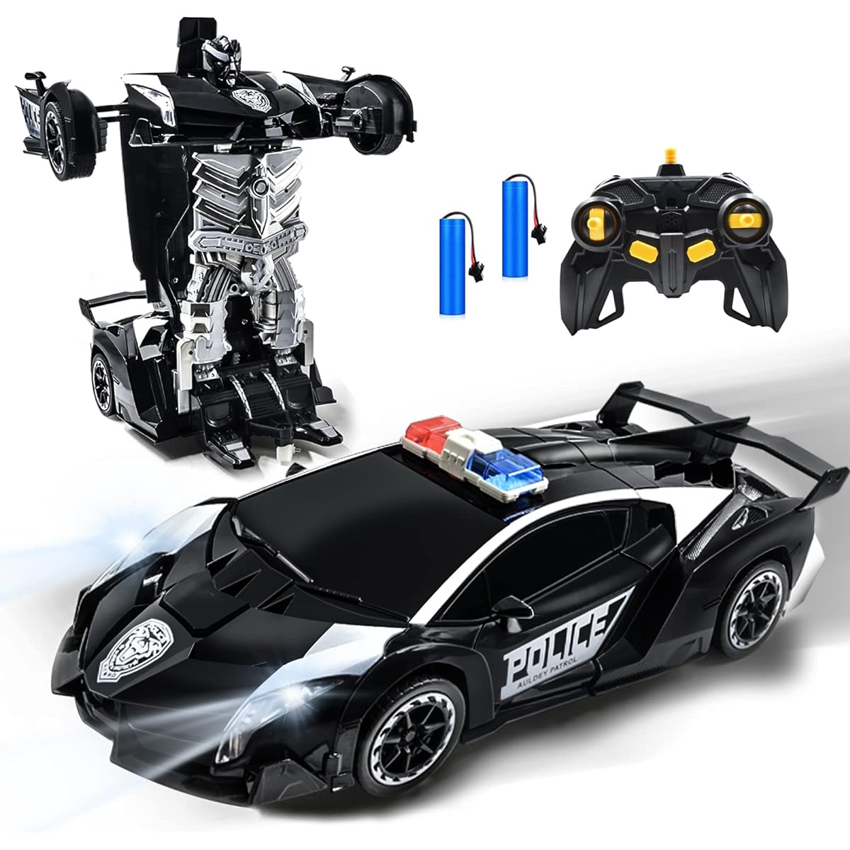 VillaCool Remote Control Robot Car 1:14 Scale Deformation Radio Controlled Police Car Gesture Sensing One Button Deformation & 360 Speed Drift Perfect Gift for Boys/Girls (Cool Black)